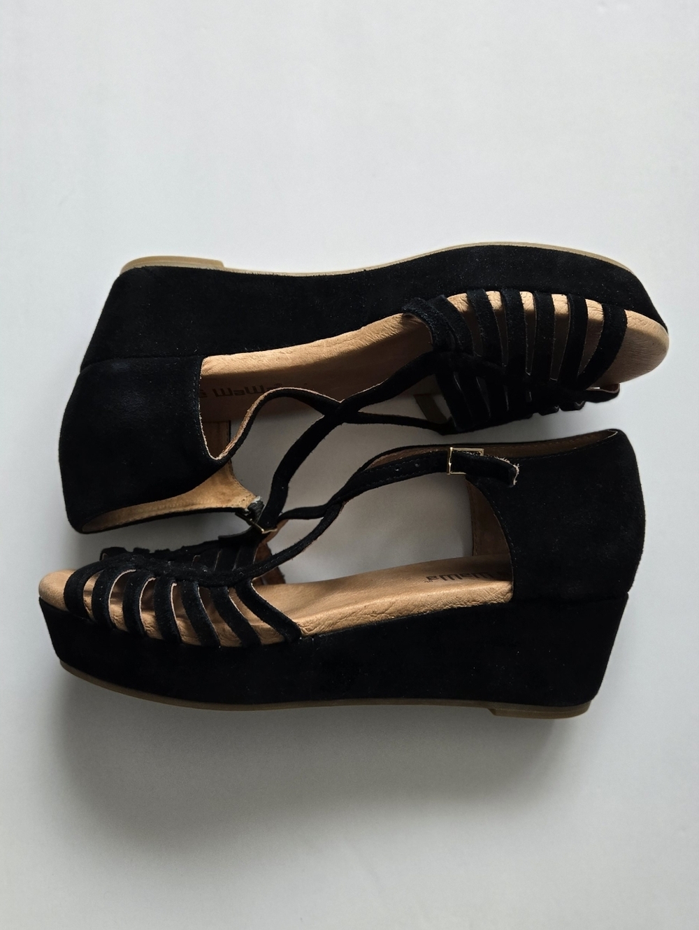 Women's Black Suede Strappy Wedge Sandals